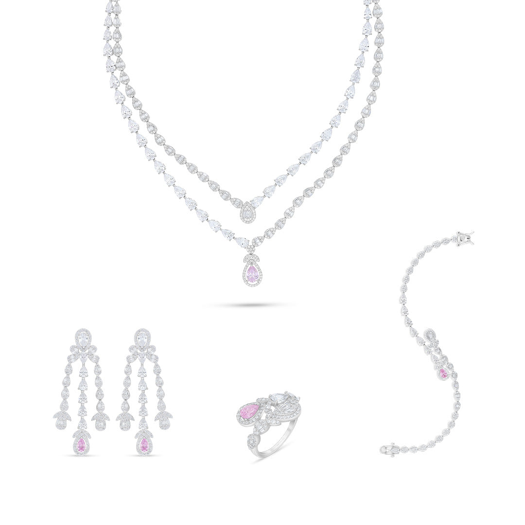 Sterling Silver 925 Set Rhodium Plated Embedded With Pink Zircon And White Zircon