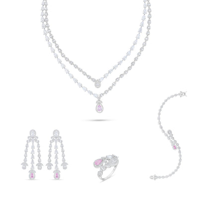Sterling Silver 925 Set Rhodium Plated Embedded With Pink Zircon And White Zircon