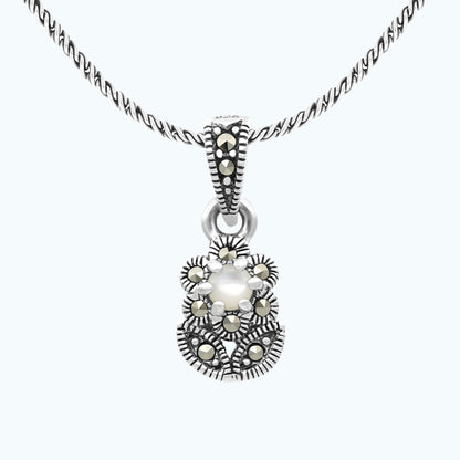 Sterling Silver 925 Pendant Embedded With Natural White Shell And Marcasite Stones