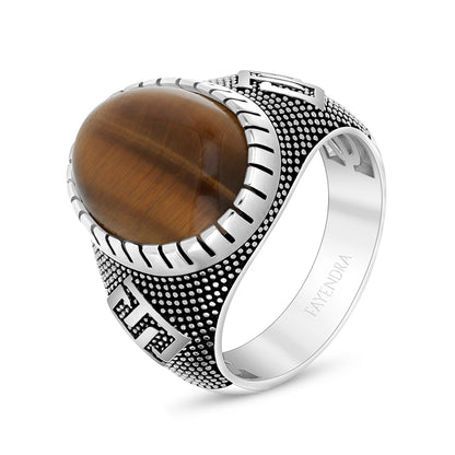 Sterling Silver 925 Ring Rhodium And Black Plated Embedded With Cabochon Yellow Tiger Eye For Men