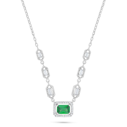 Sterling Silver 925 Necklace Rhodium Plated Embedded With Emerald Zircon And White Zircon