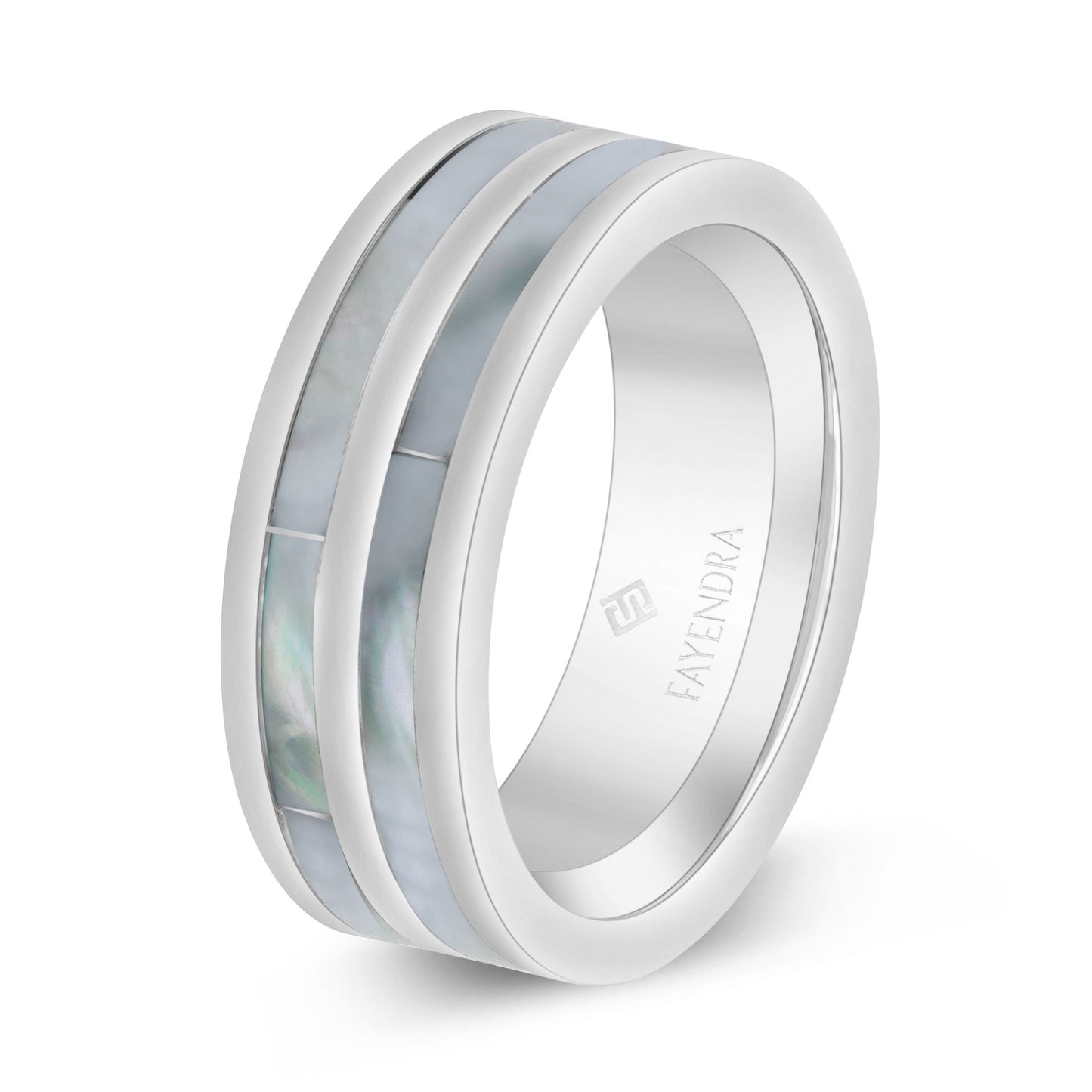 دبلة رجالي مصنوعة من التونغستان كاربيد بلون الستيل و احجار صدف ابيض