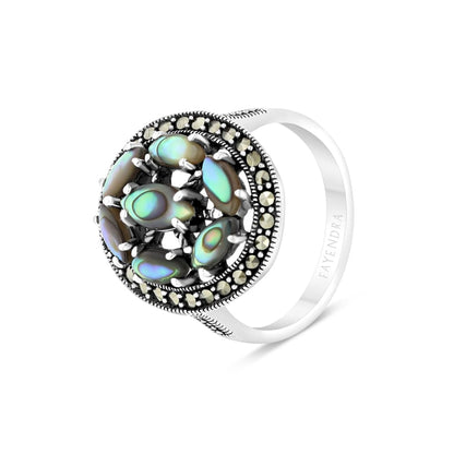 Sterling Silver 925 Ring Embedded With Natural Blue Shell And Marcasite Stones