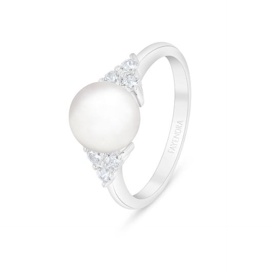 Sterling Silver 925 Ring Rhodium Plated Embedded With Natural White Pearl And White Zircon