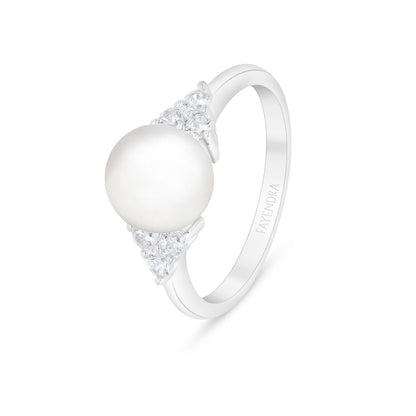 Sterling Silver 925 Ring Rhodium Plated Embedded With Natural White Pearl And White Zircon