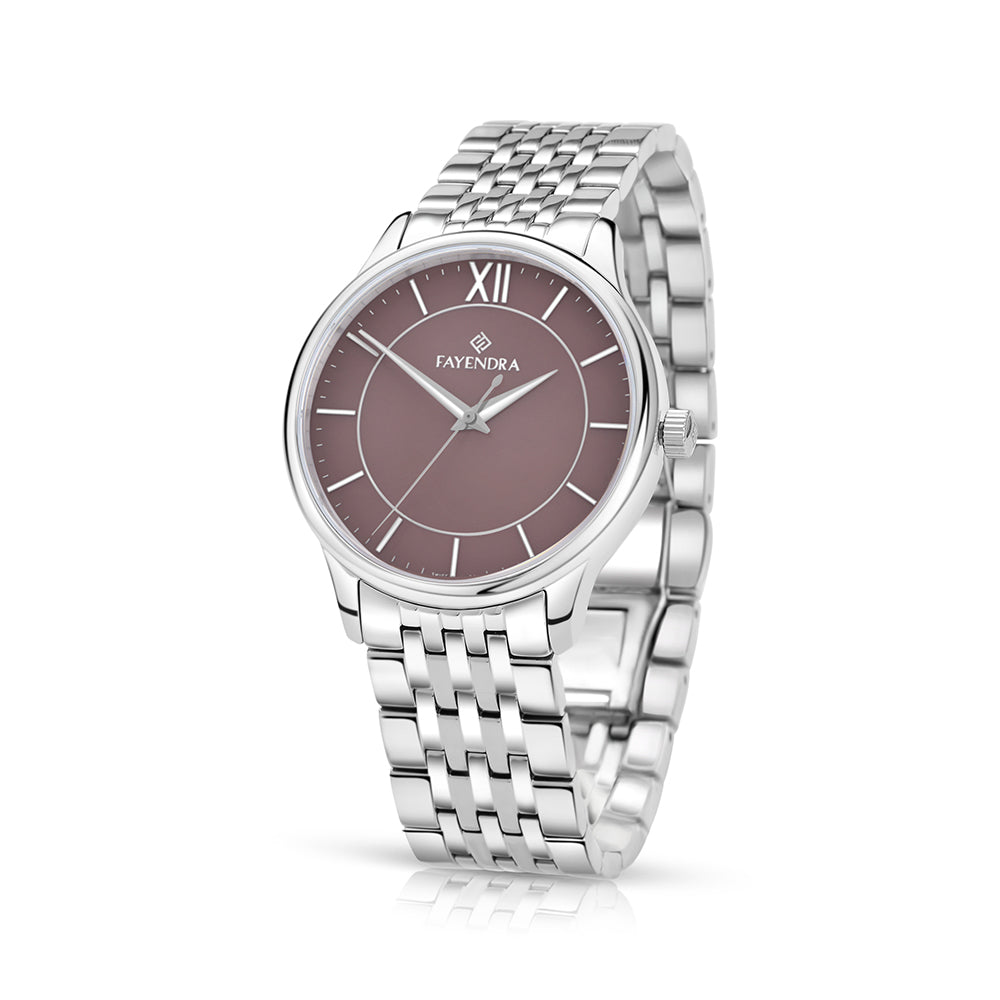 ساعة رجالي ستانلس ستيل عيار  L316 بلون فضي - مينا حجر صدف ام اللالئ البني