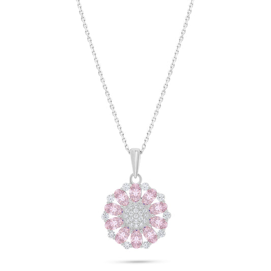 Sterling Silver 925 Necklace Rhodium Plated Embedded With pink Zircon And White Zircon