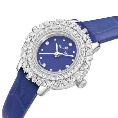 Stainless Steel 316 Watch Silver Color Blue Leather Embedded With White Zircon - BLUE MOP DIAL