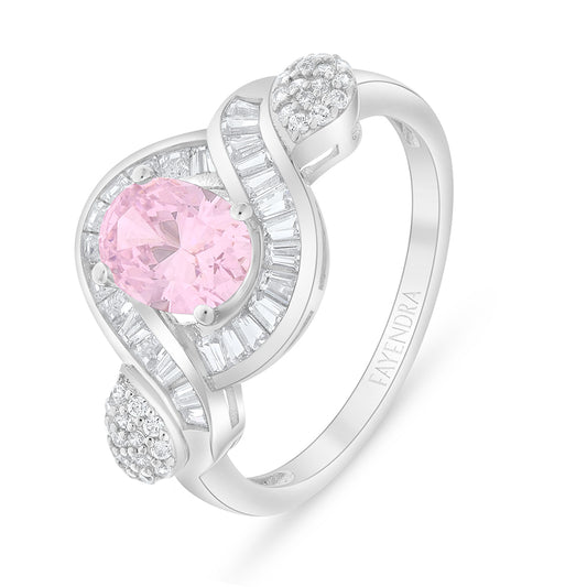 Sterling Silver 925 Ring Rhodium Plated Embedded With Pink Zircon And White Zircon