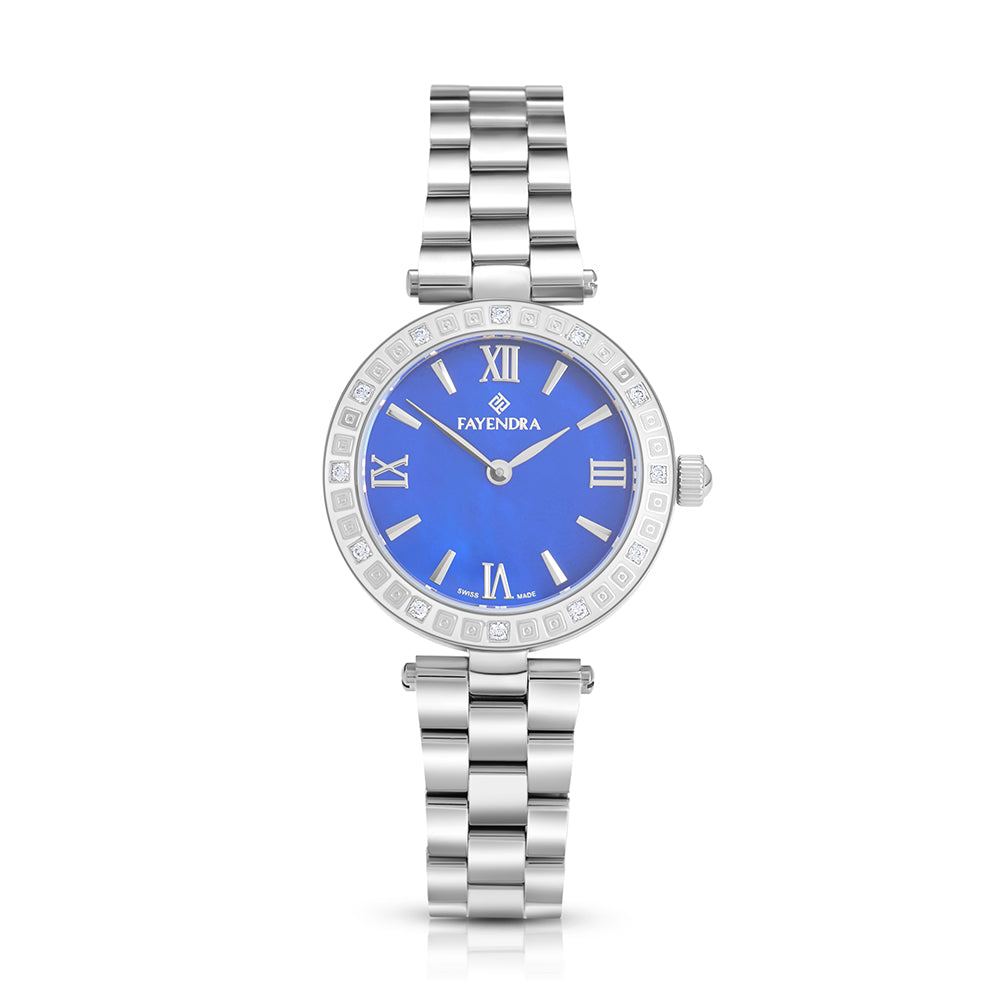 ساعة ستانلس ستيل عيار L316 بلون فضي و فص ابيض - مينا حجر صدف ام اللالئ الأزرق