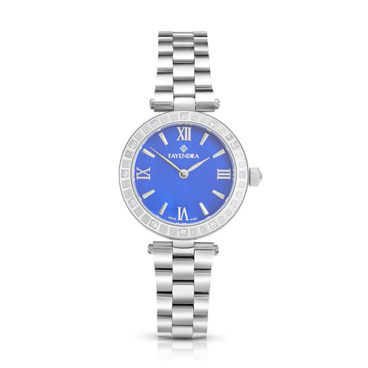 ساعة ستانلس ستيل عيار L316 بلون فضي و فص ابيض - مينا حجر صدف ام اللالئ الأزرق