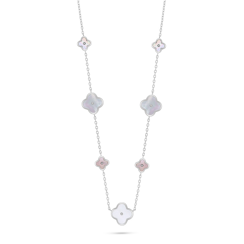 Sterling Silver 925 Necklace Rhodium Plated Embedded With White Shell And Pink Shell And White Zircon