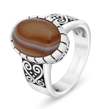 Sterling Silver 925 Ring Rhodium And Black Plated Embedded With Cabochon Botswana Agate For Men