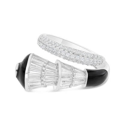 Sterling Silver 925 Ring Rhodium Plated Embedded With Black Enamel And White Zircon