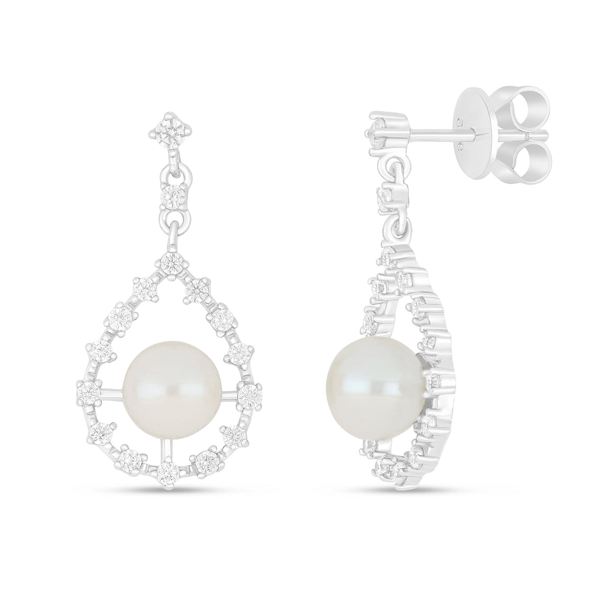 Sterling Silver 925 Earring Rhodium Plated Embedded With Natural White Pearl And White Zircon