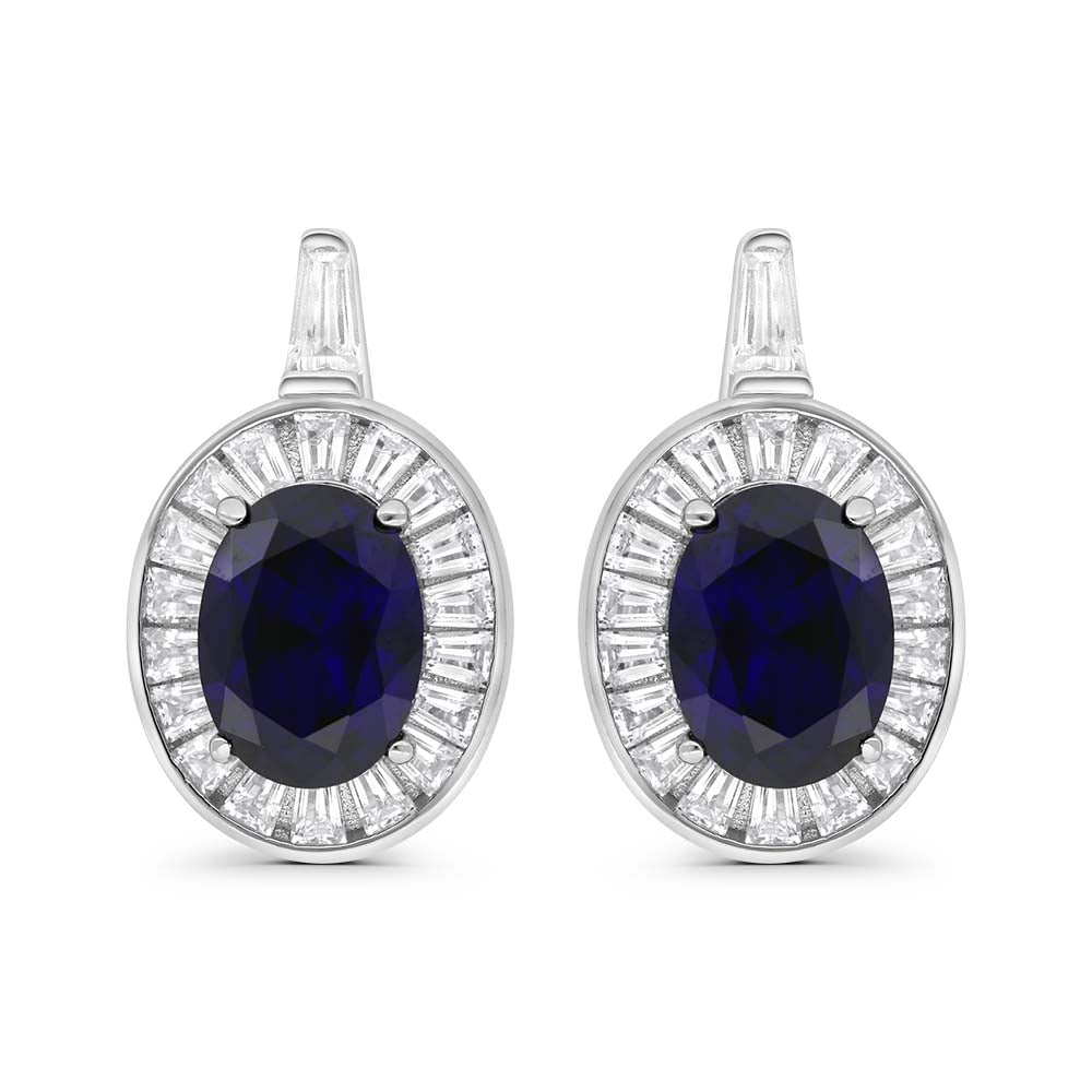 Sterling Silver 925 Earring Rhodium Plated Embedded With Sapphire Corundum And White Zircon