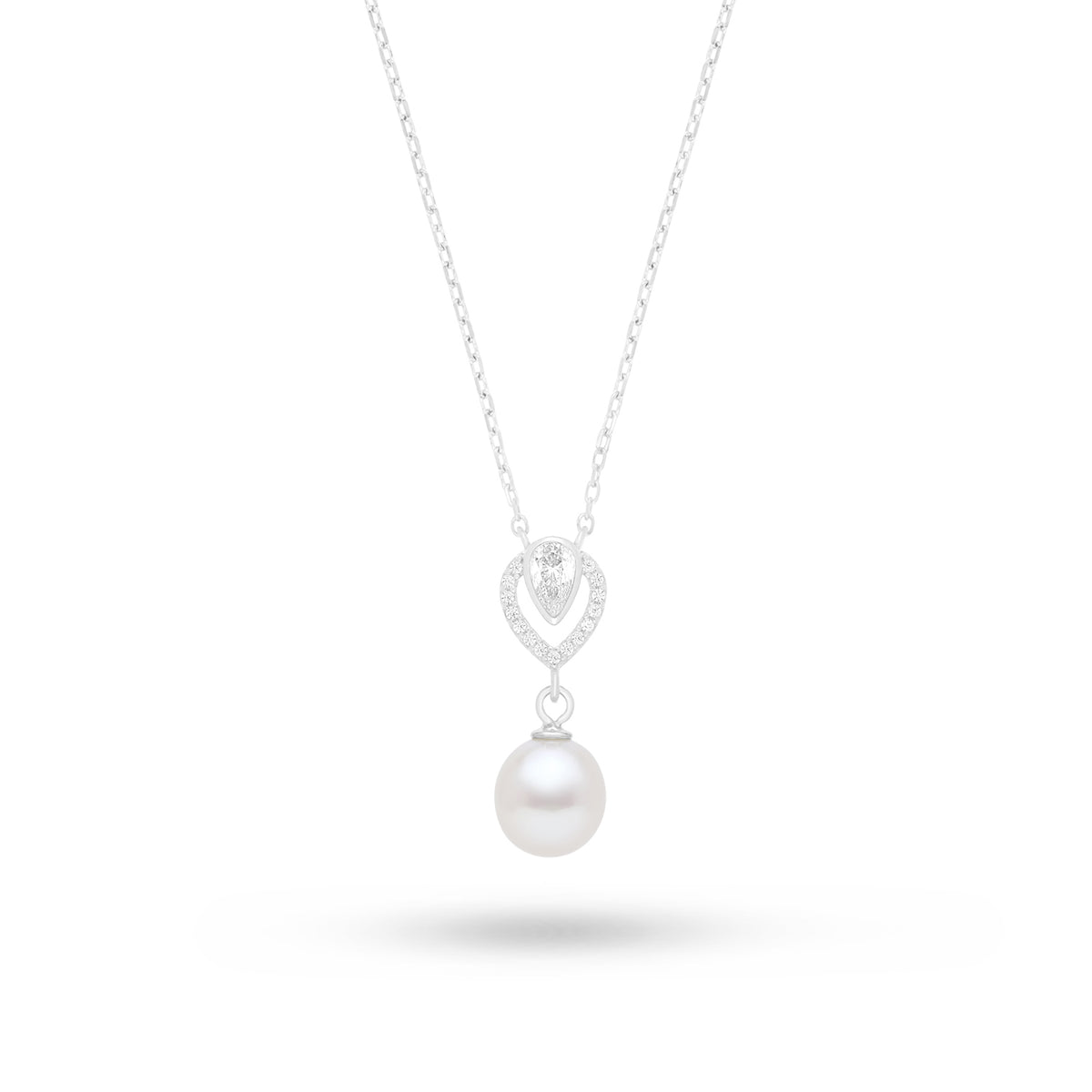 Sterling Silver 925 Necklace Rhodium Plated Embedded With Natural White Pearl And White Zircon