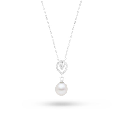 Sterling Silver 925 Necklace Rhodium Plated Embedded With Natural White Pearl And White Zircon