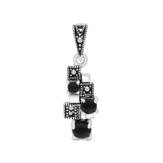 Sterling Silver 925 Pendant Embedded With Natural Black Agate And Marcasite Stones