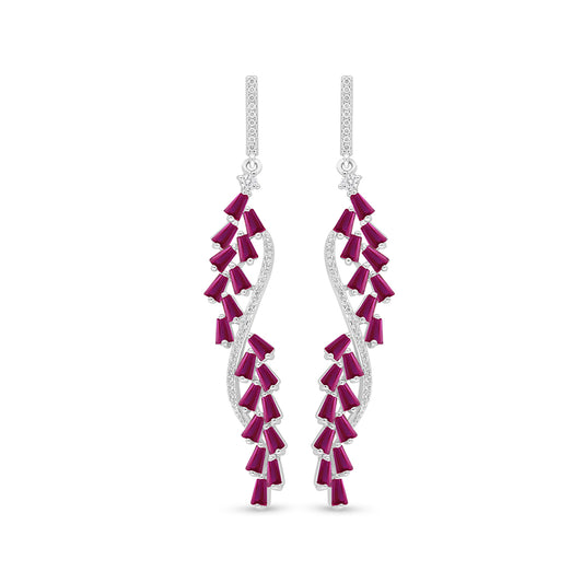 Sterling Silver 925 Earring Rhodium Plated Embedded With Ruby Corundum And White Zircon