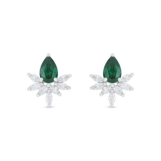 Sterling Silver 925 Earring Rhodium Plated Embedded With Emerald Zircon And White Zircon