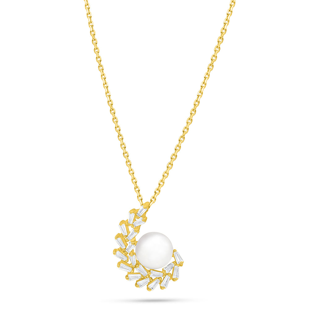 Sterling Silver 925 Necklace Golden Plated Embedded With Natural White Pearl And White Zircon