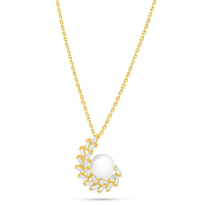 Sterling Silver 925 Necklace Golden Plated Embedded With Natural White Pearl And White Zircon