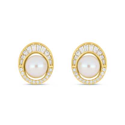 Sterling Silver 925 Earring Golden Plated Embedded With Natural White Pearl And White Zircon