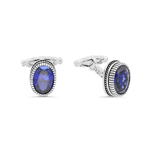 Sterling Silver 925 Cufflink Rhodium And Black Plated Embedded With Sapphire Corundum