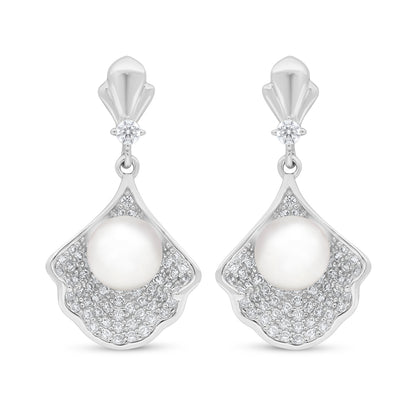 Sterling Silver 925 Earring Rhodium Plated Embedded With Natural White Pearl And White Zircon