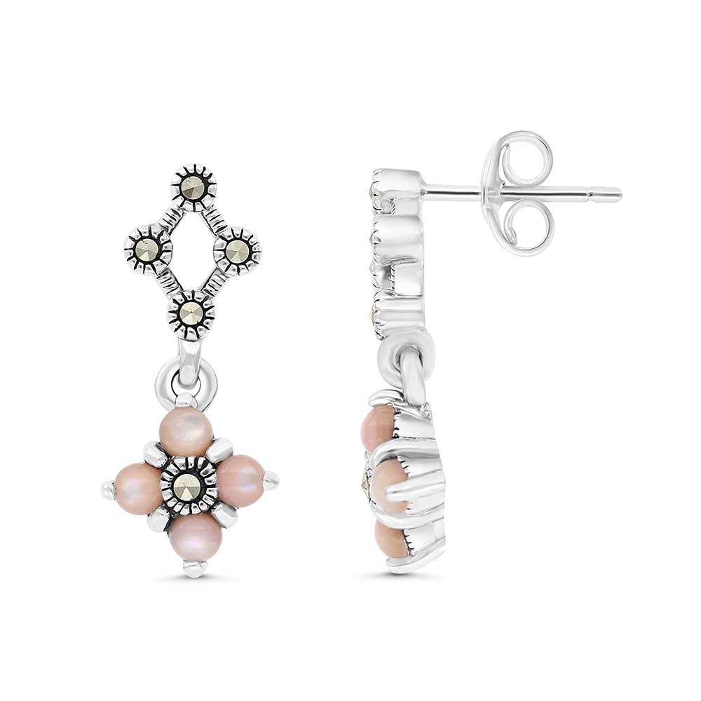 Sterling Silver 925 Earring Embedded With Natural Pink Shell And Marcasite Stones