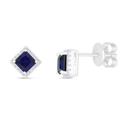 Sterling Silver 925 Earring Rhodium Plated Embedded With Sapphire Corundum And White Zircon