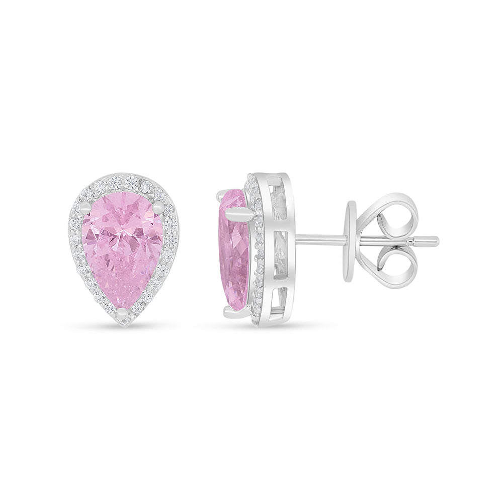 Sterling Silver 925 Set Rhodium Plated Embedded With Pink Zircon And White Zircon