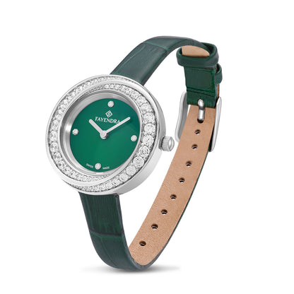 Stainless Steel 316 Watch Silver Color Green Leather Embedded With White Zircon - GREEN MOP DIAL