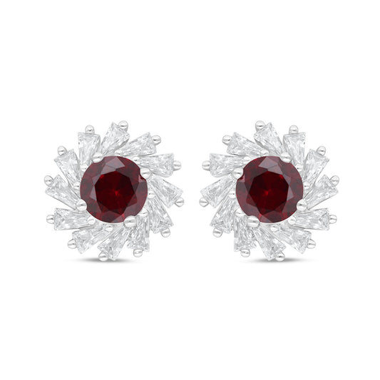 Sterling Silver 925 Earring Rhodium Plated Embedded With Ruby Corundum And White Zircon