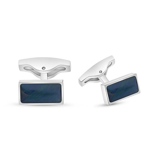 Stainless Steel Cufflink 316L Silver Color Embedded With Blue Tiger Eye Shiny Steel