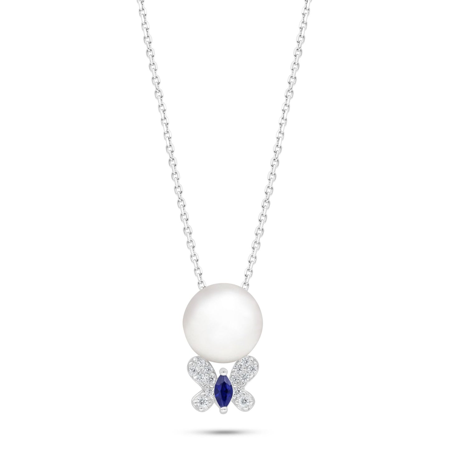 Sterling Silver 925 Necklace Rhodium Plated Embedded With Natural White Pearl And Sapphire Corundum And White Zircon