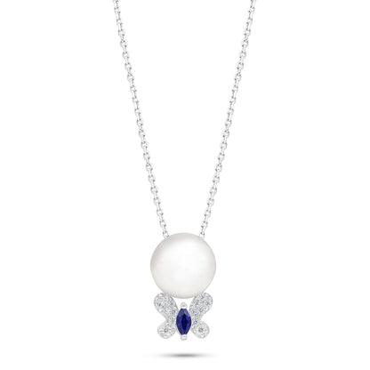 Sterling Silver 925 Necklace Rhodium Plated Embedded With Natural White Pearl And Sapphire Corundum And White Zircon