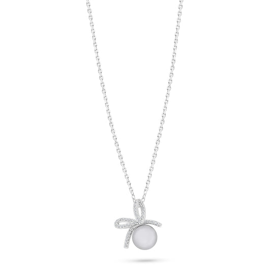 Sterling Silver 925 Necklace Rhodium Plated Embedded With Natural Gray Pearl And White Zircon
