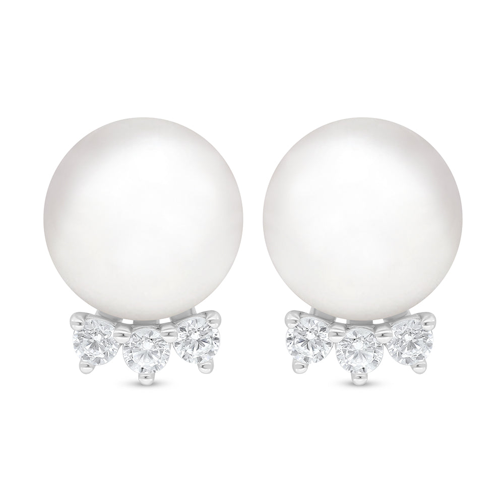 Sterling Silver 925 Earring Rhodium Plated Embedded With Natural White Pearl And White Zircon