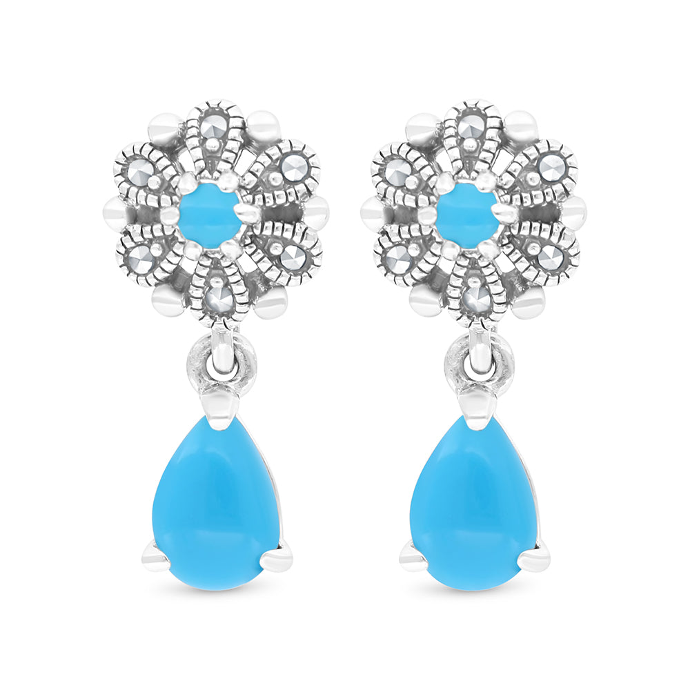 Sterling Silver 925 Set Embedded With Natural Processed Turquoise And Marcasite Stones