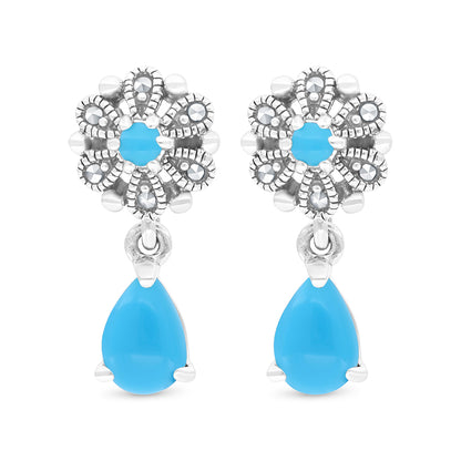Sterling Silver 925 Set Embedded With Natural Processed Turquoise And Marcasite Stones
