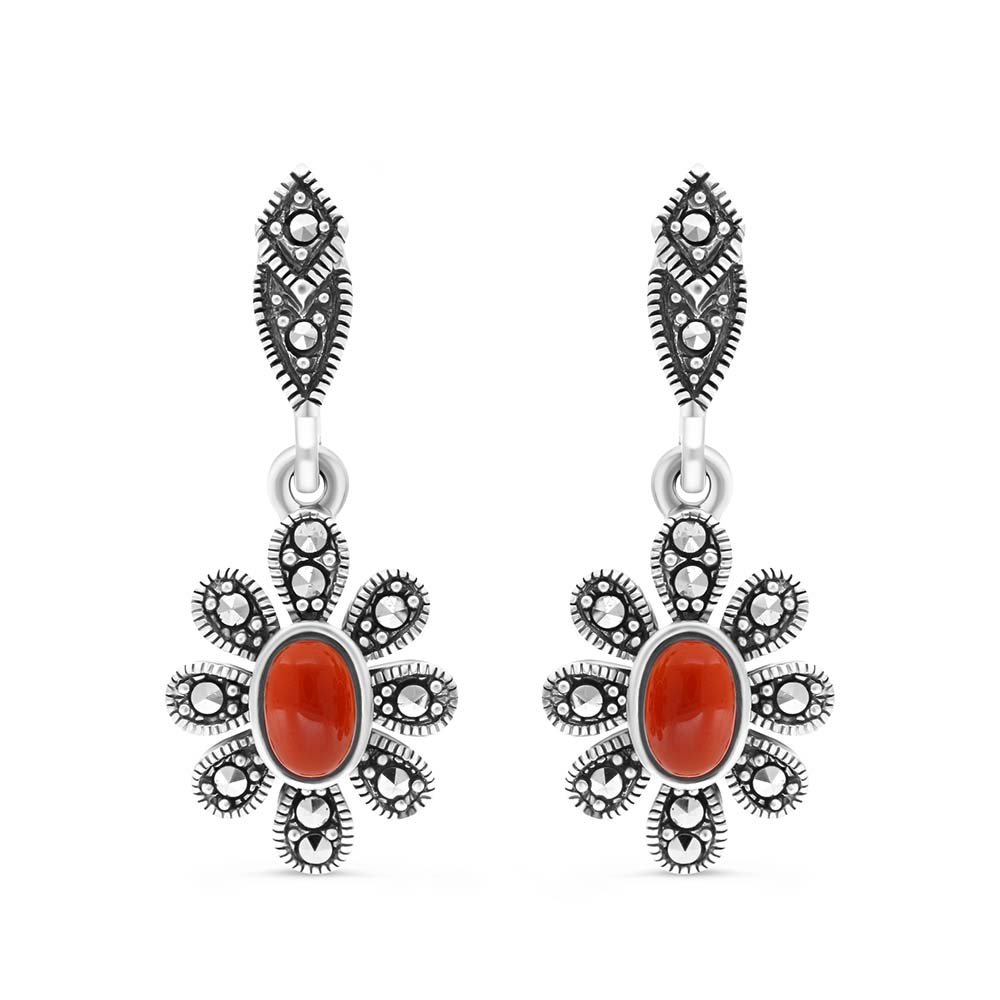 Sterling Silver 925 Earring Embedded With Natural Aqiq And Marcasite Stones