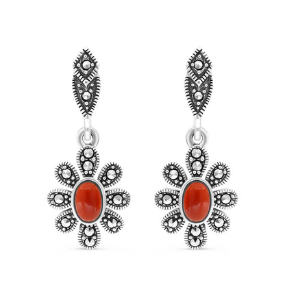 Sterling Silver 925 Earring Embedded With Natural Aqiq And Marcasite Stones