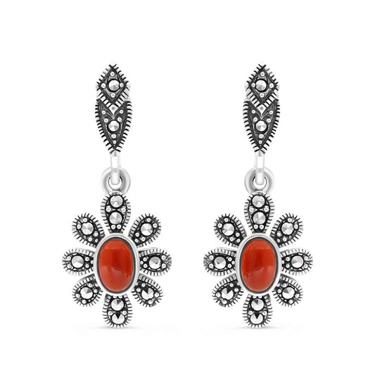 Sterling Silver 925 Earring Embedded With Natural Aqiq And Marcasite Stones