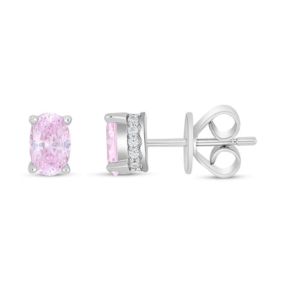 Sterling Silver 925 Earring Rhodium Plated Embedded With Pink Zircon And White Zircon