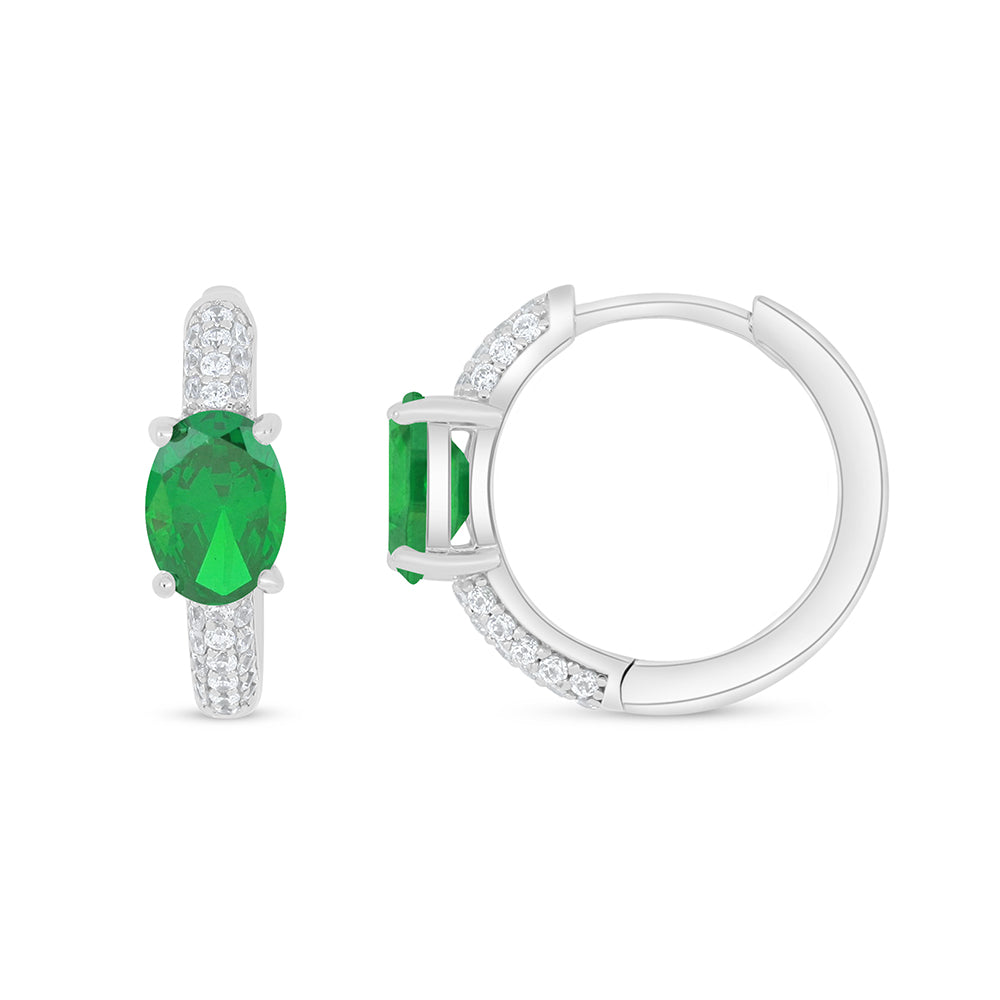 Sterling Silver 925 Earring Rhodium Plated Embedded With Emerald Zircon And White Zircon