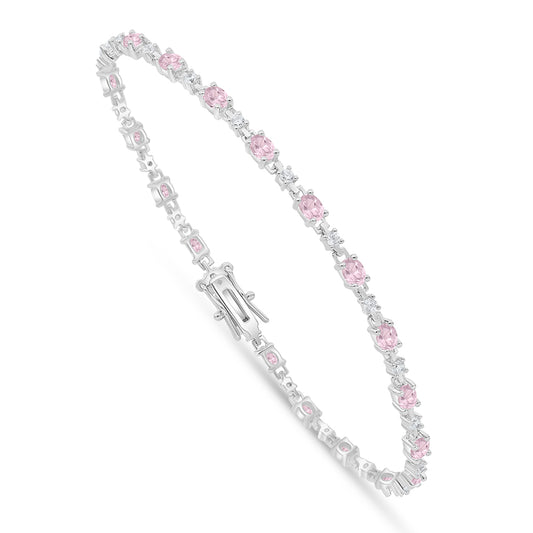 Sterling Silver 925 Bracelet Rhodium Plated Embedded With Pink Zircon And White Zircon