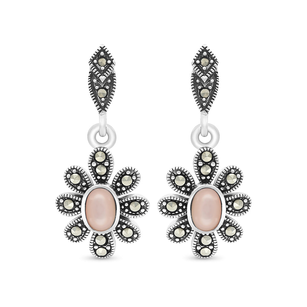 Sterling Silver 925 Earring Embedded With Natural Pink Shell And Marcasite Stones