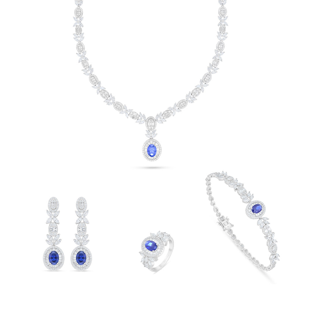 Sterling Silver 925 Set Rhodium Plated Embedded With Sapphire Corundum And White Zircon